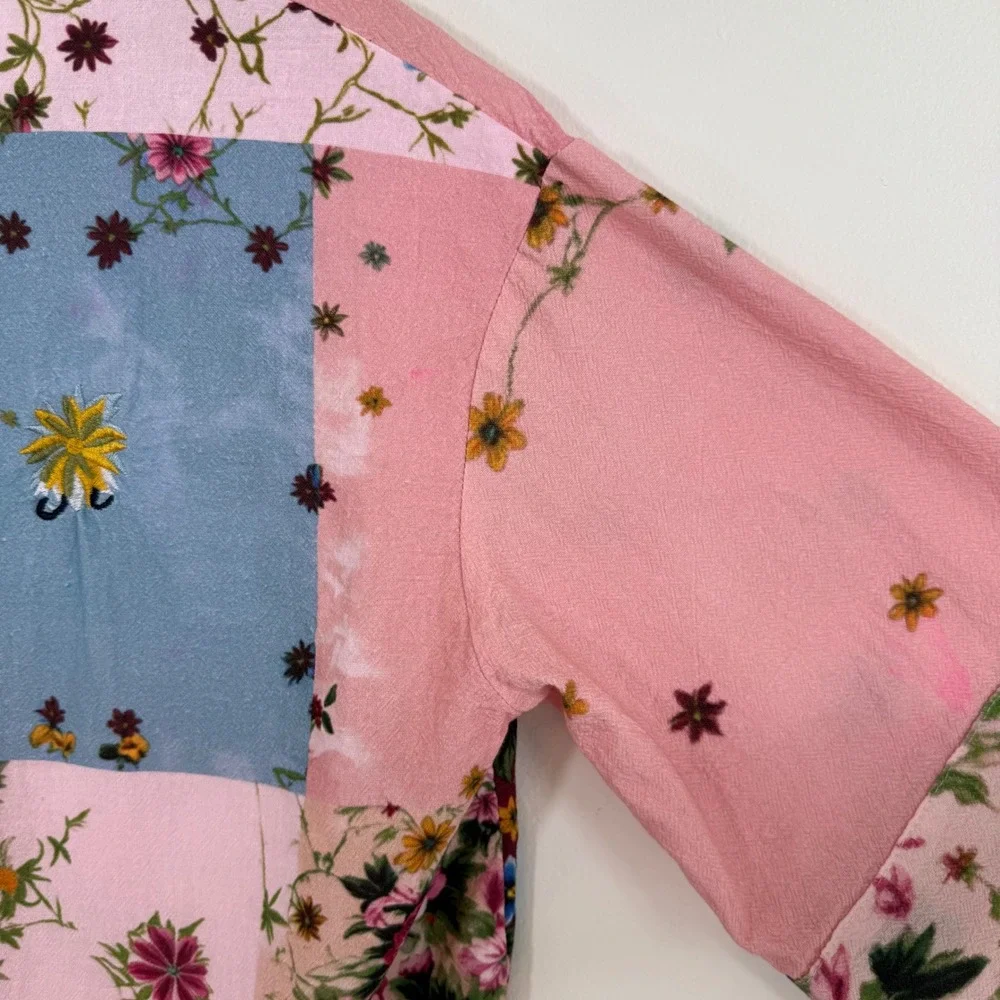 Patchwork Floral Embroidered Blouse Cottagecore Boho Indie Top Pink Korea Made S